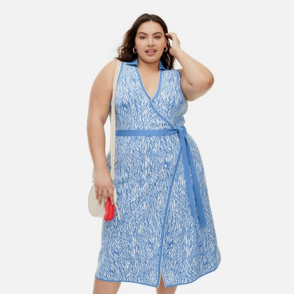 Diane von Furstenberg Collared Midi Wrap Floral Blue White Sweater Dress XL - Picture 4 of 14